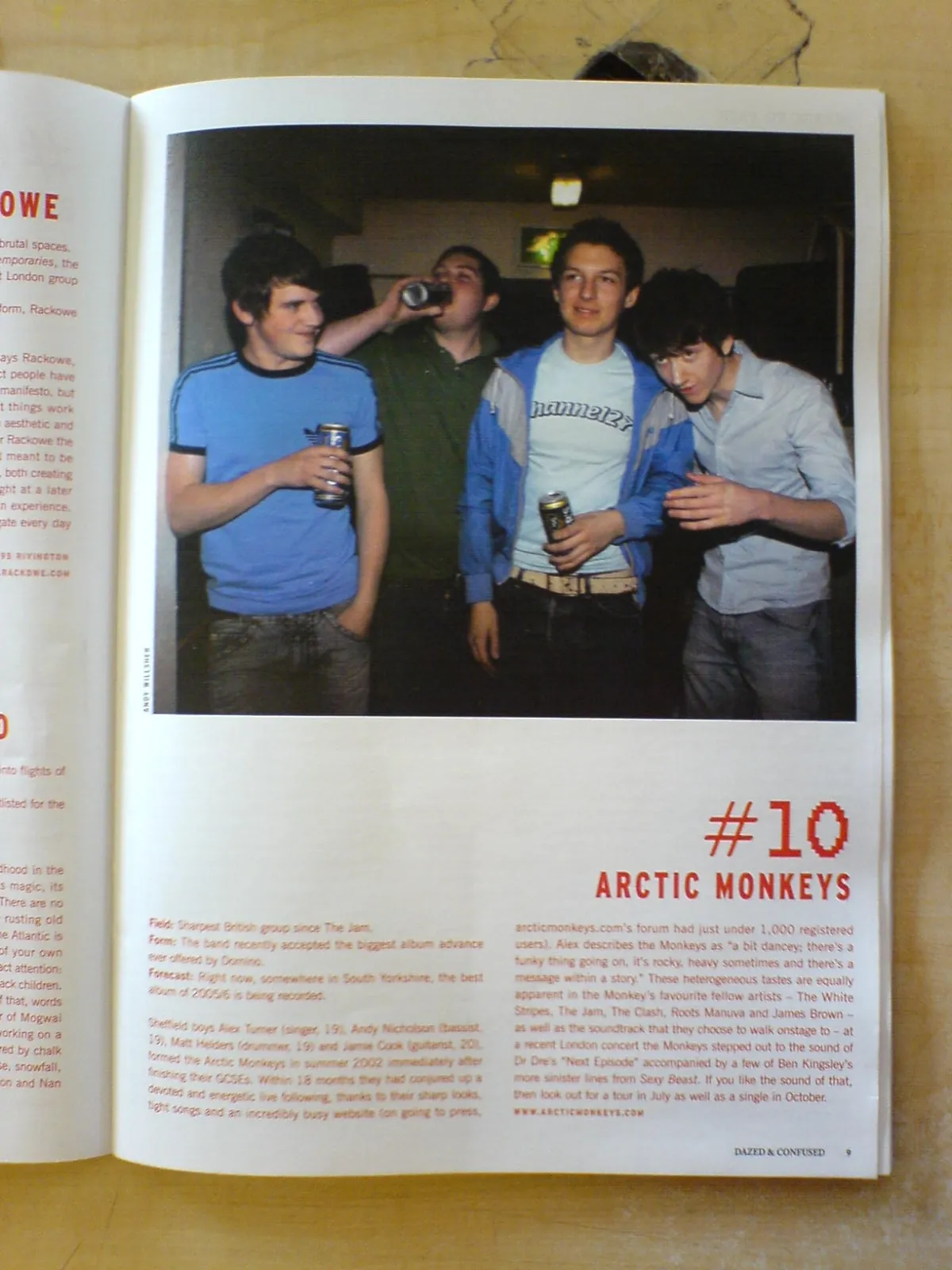 A magazine spread headed number 10, Arctic Monkeys, with a photograph of four young men holding drinks.