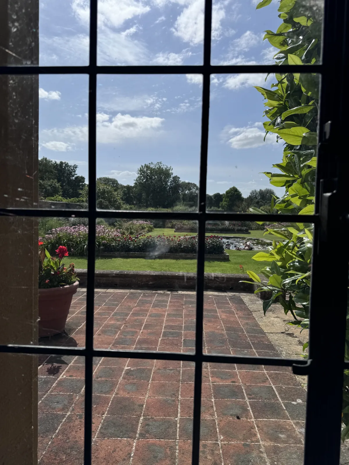 A walled garden seen through the panes of a leaded window.