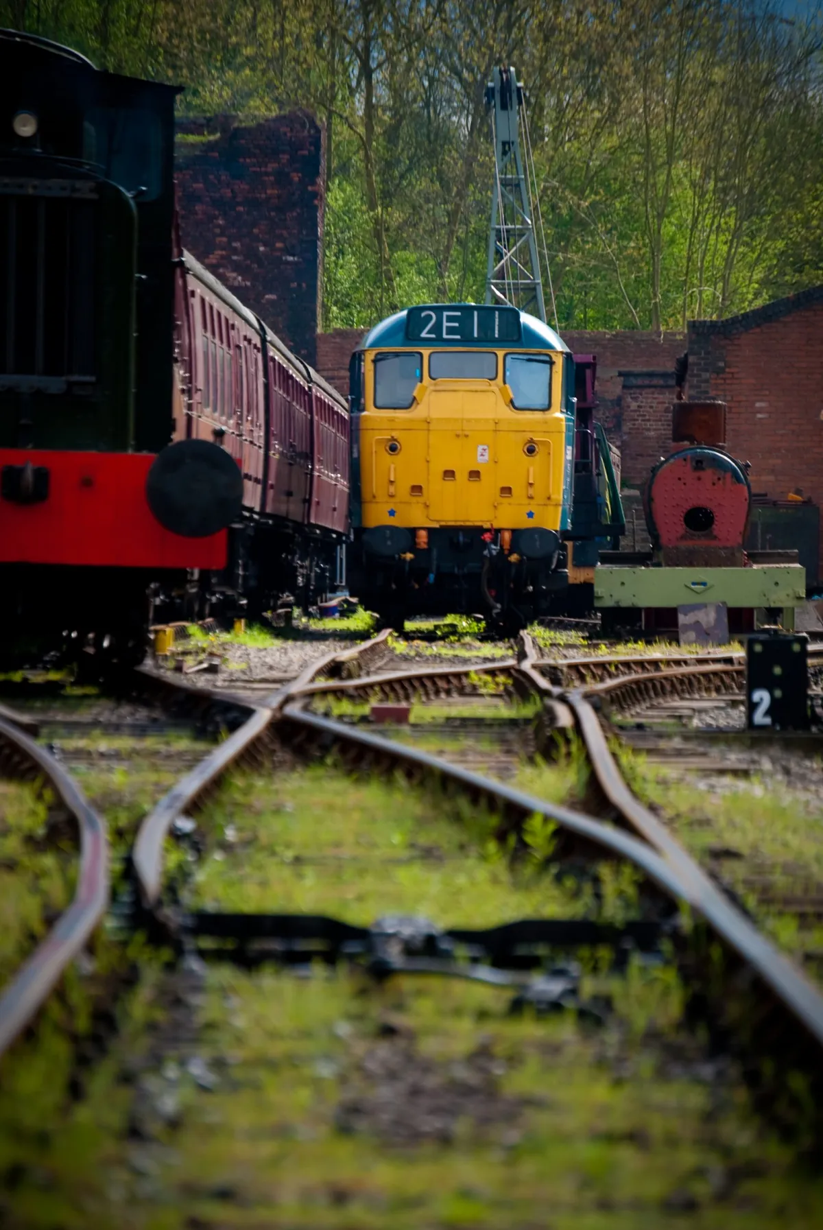 A diesel locomotive in a siding, with converging rusted tracks in the foreground.