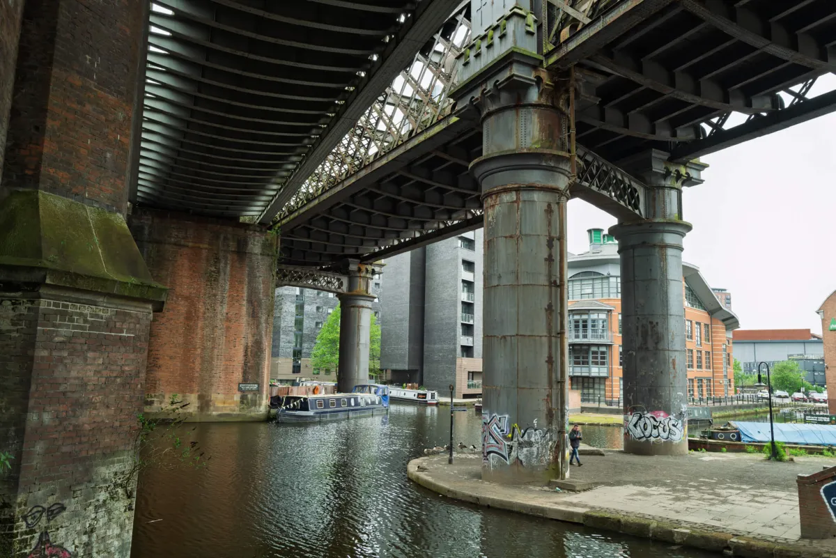 A canal running beneath iron railway viaducts, with narrowboats moored alongside.