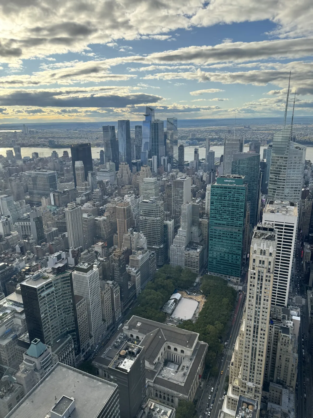 A view over midtown Manhattan from above, looking towards the Hudson.
