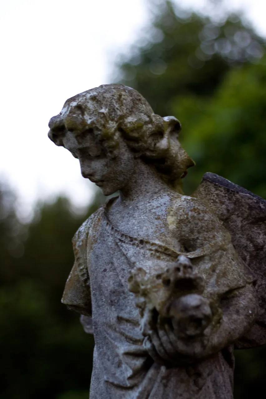 A weathered stone angel statue holding a wreath, against dark trees.
