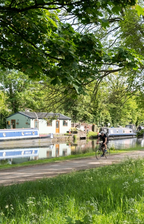 A cyclist on a canal towpath under trees, with narrowboats moored alongside.