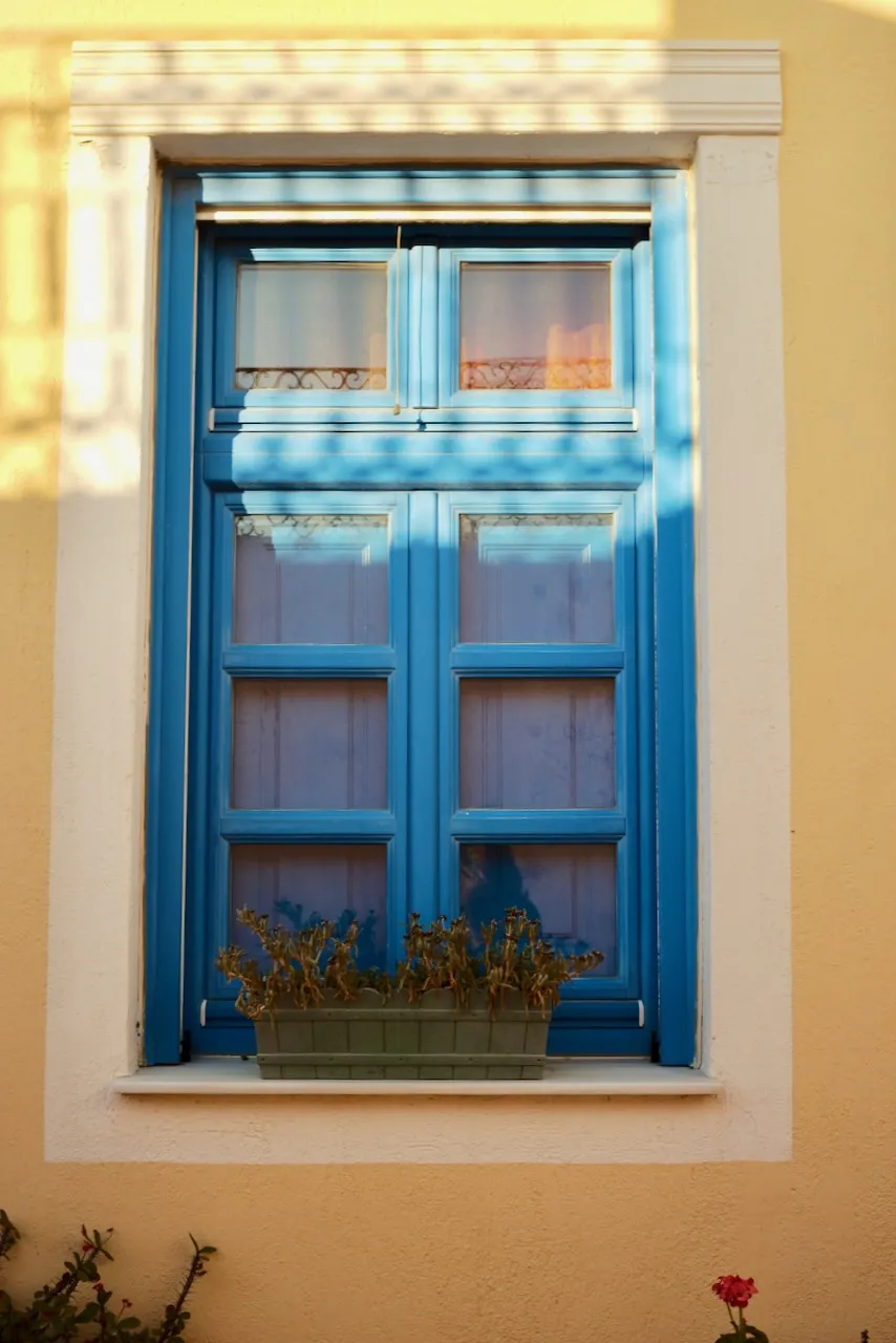 A blue-painted window with a planter on the sill, in a pale yellow wall.