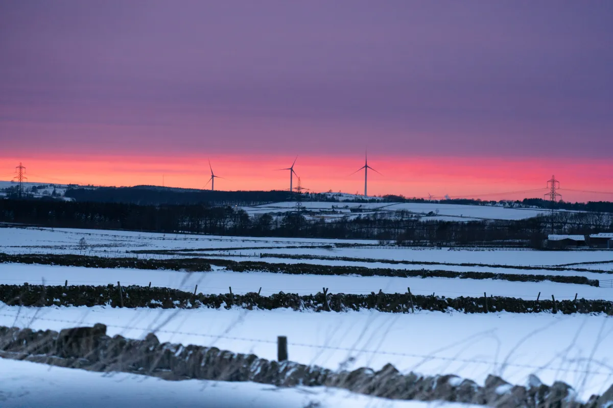 Snow-covered fields at sunset, with wind turbines on the ridge beyond.