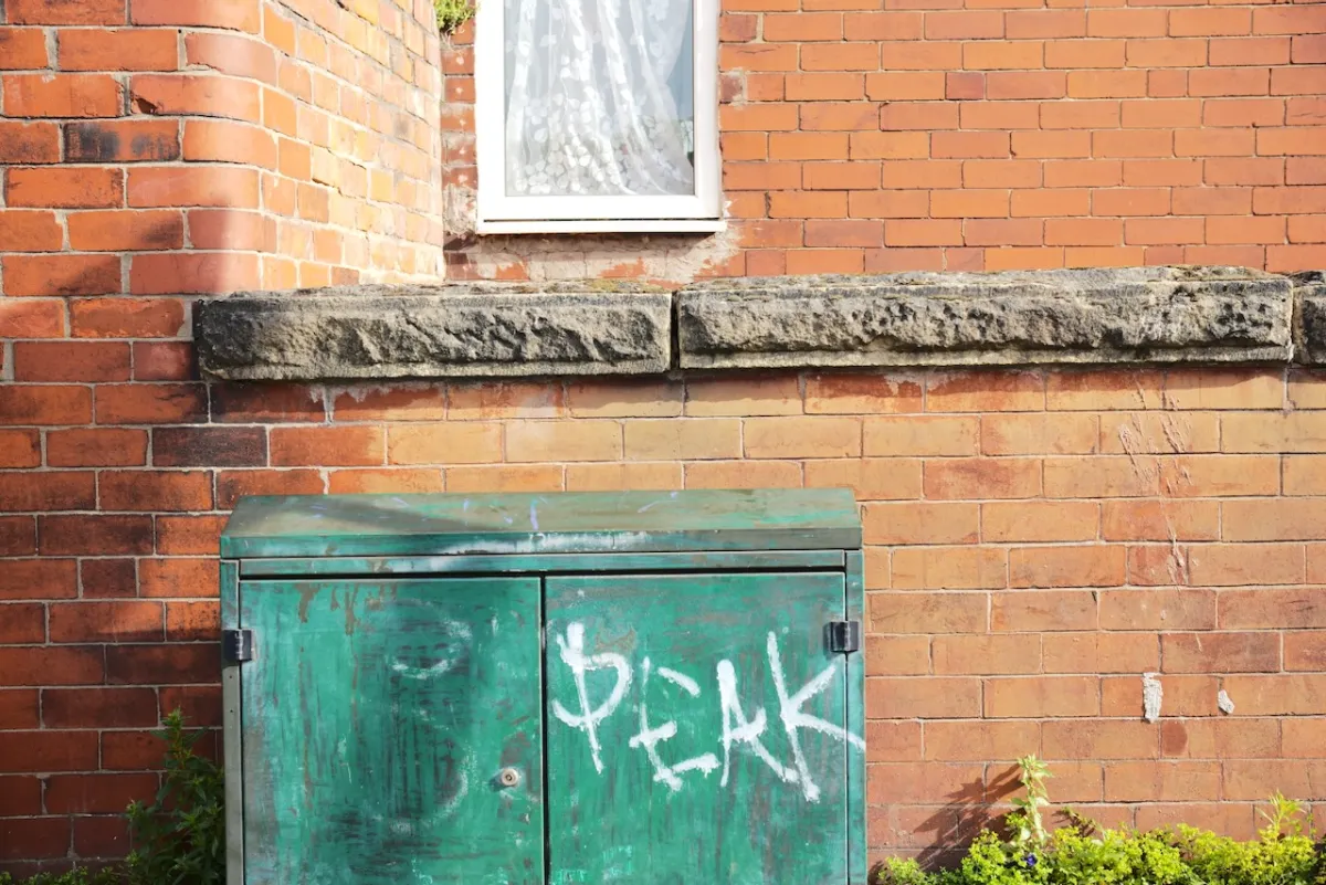 A green utility cabinet tagged with the word Peak, against a red brick wall.