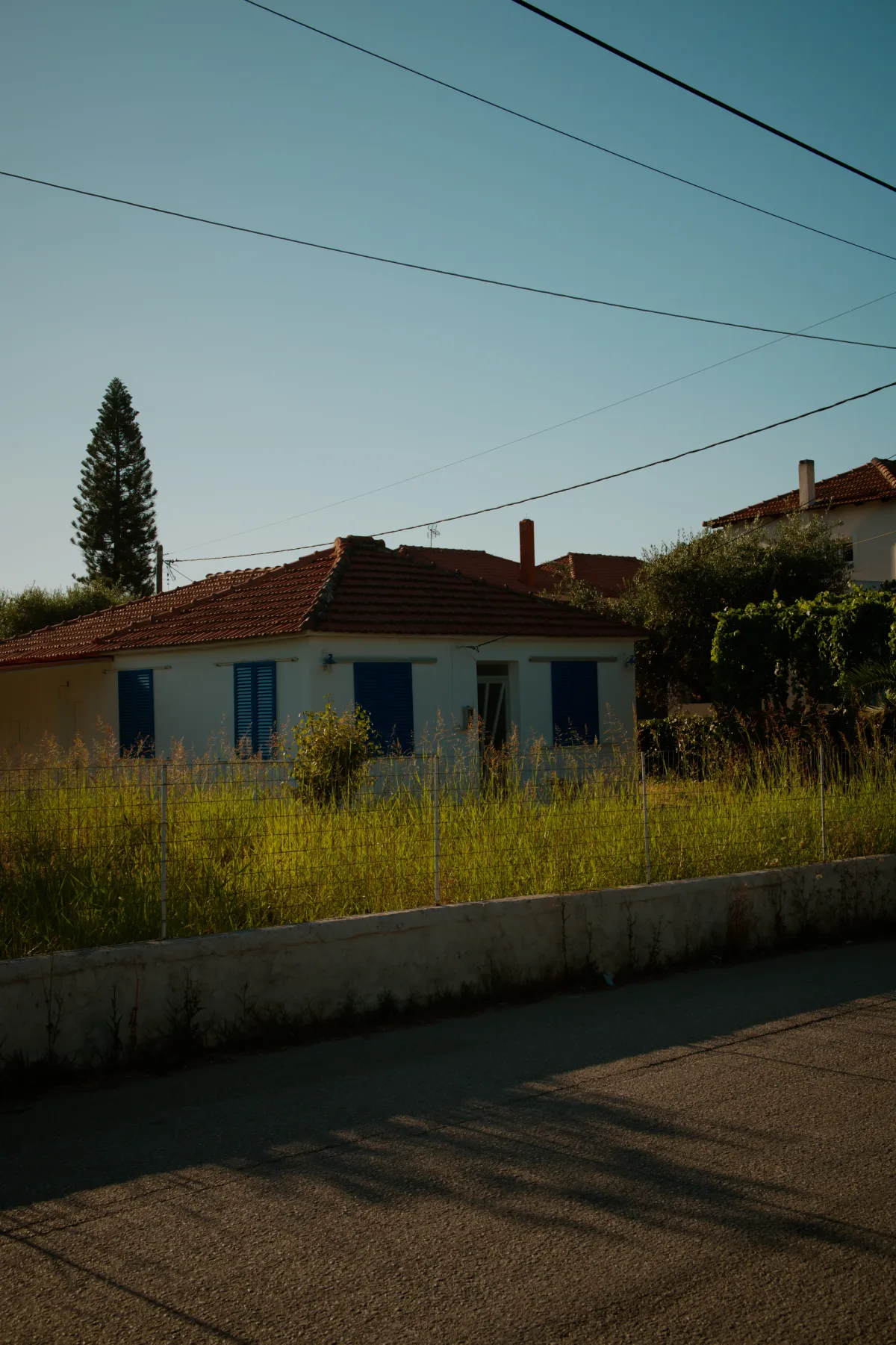 A small white house with a red tiled roof and blue shutters, behind overgrown grass.
