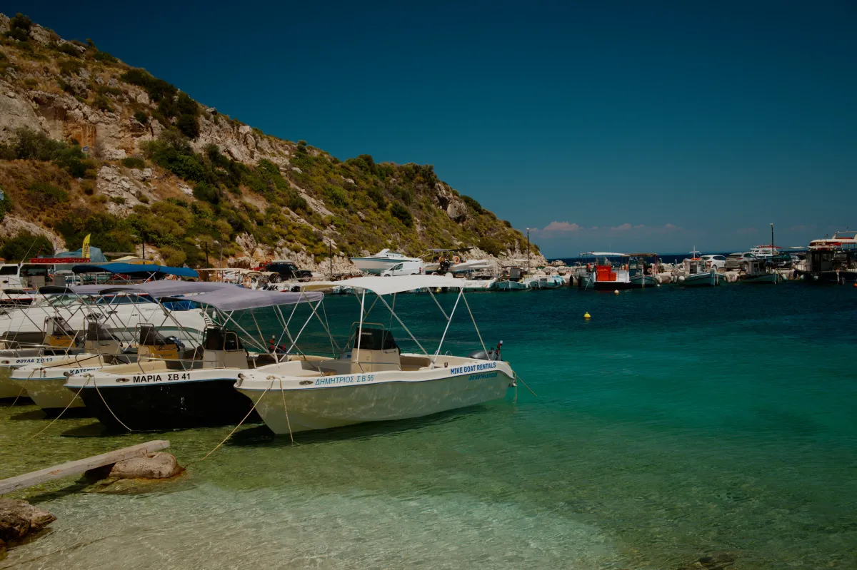 Small boats with canopies moored in a shallow bay below a scrubby hillside.